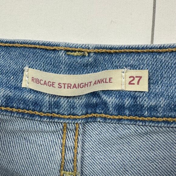 Levi’s Jeans Womens 27 Blue Ribcage Straight Ankle Button Fly Distressed Denim - Picture 3 of 14